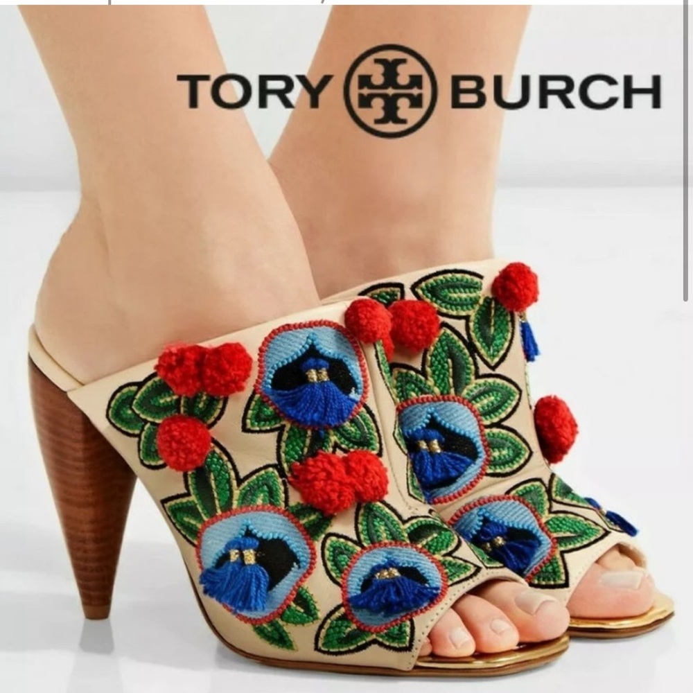 Tory Burch Ellis Embroidered Cream Mules with Red and Blue Pom Poms